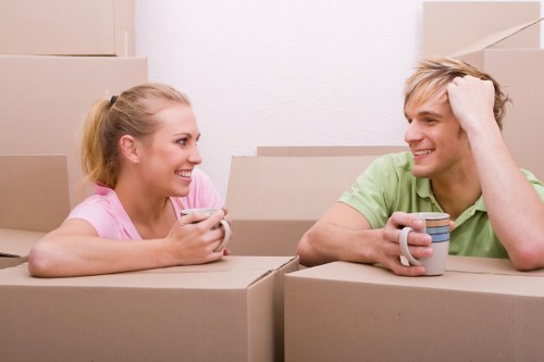 Commercial relocation scene showing office equipment and boxes