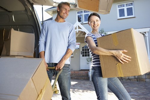 Packed boxes and furniture ready for truck loading in Kingston upon Thames